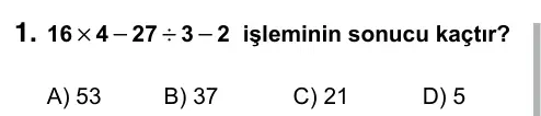 6. Sınıf Matematik 2019 İOKBS Bursluluk Sınavı 1. Soru görseli