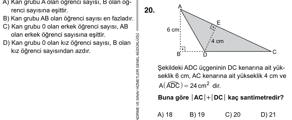 6. Sınıf Matematik 2019 İOKBS Bursluluk Sınavı 20. Soru görseli