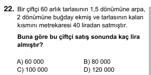 6. Sınıf Matematik 2019 İOKBS Bursluluk Sınavı 22. Soru görseli