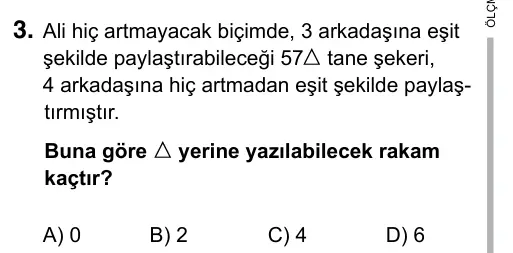 6. Sınıf Matematik 2019 İOKBS Bursluluk Sınavı 3. Soru görseli