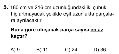 6. Sınıf Matematik 2019 İOKBS Bursluluk Sınavı 5. Soru görseli