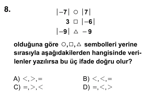 6. Sınıf Matematik 2019 İOKBS Bursluluk Sınavı 8. Soru görseli