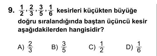 6. Sınıf Matematik 2019 İOKBS Bursluluk Sınavı 9. Soru görseli