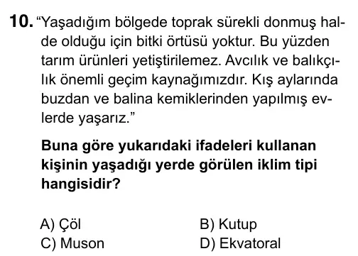 6. Sınıf Sosyal Bilgiler 2019 İOKBS Bursluluk Sınavı 10. Soru görseli
