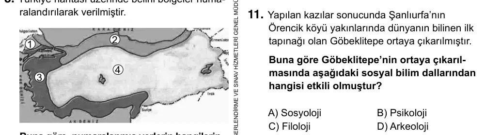 6. Sınıf Sosyal Bilgiler 2019 İOKBS Bursluluk Sınavı 11. Soru görseli