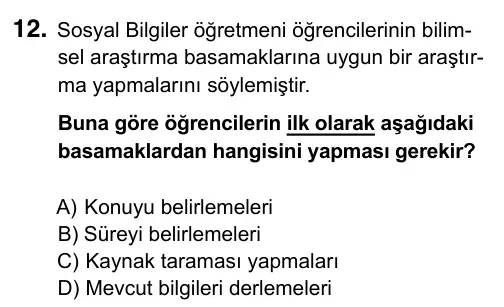 6. Sınıf Sosyal Bilgiler 2019 İOKBS Bursluluk Sınavı 12. Soru görseli