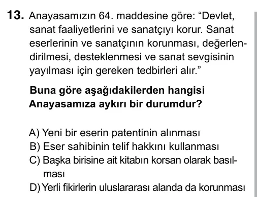 6. Sınıf Sosyal Bilgiler 2019 İOKBS Bursluluk Sınavı 13. Soru görseli