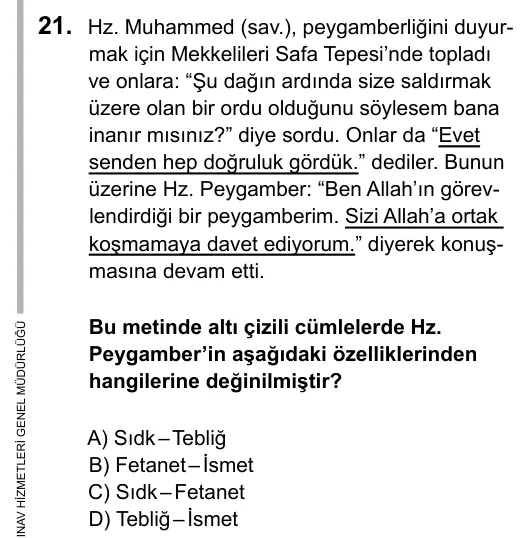 6. Sınıf Sosyal Bilgiler 2019 İOKBS Bursluluk Sınavı 21. Soru görseli