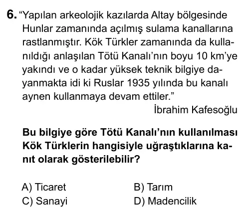 6. Sınıf Sosyal Bilgiler 2019 İOKBS Bursluluk Sınavı 6. Soru görseli