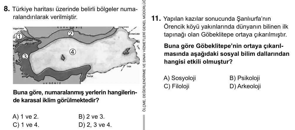 6. Sınıf Sosyal Bilgiler 2019 İOKBS Bursluluk Sınavı 8. Soru görseli