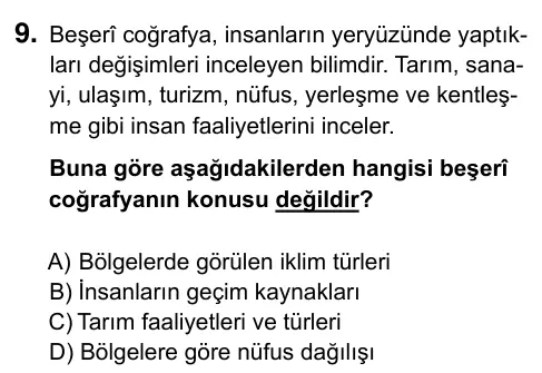 6. Sınıf Sosyal Bilgiler 2019 İOKBS Bursluluk Sınavı 9. Soru görseli