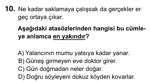 6. Sınıf Türkçe 2019 İOKBS Bursluluk Sınavı 10. Soru görseli