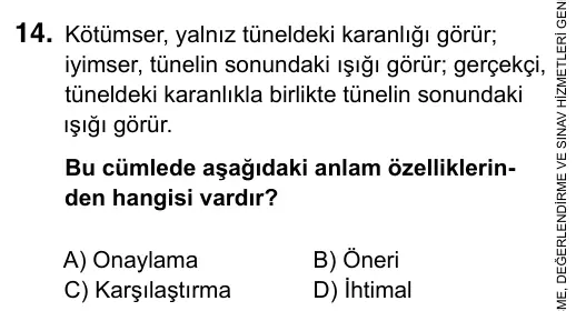 6. Sınıf Türkçe 2019 İOKBS Bursluluk Sınavı 14. Soru görseli