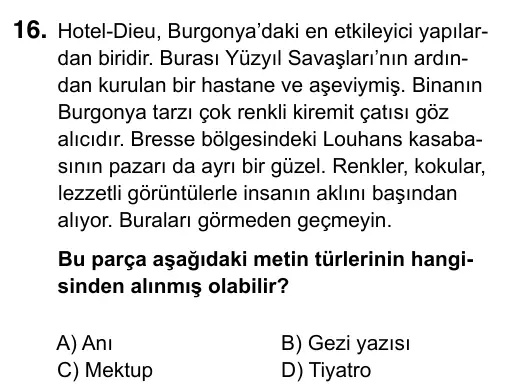 6. Sınıf Türkçe 2019 İOKBS Bursluluk Sınavı 16. Soru görseli