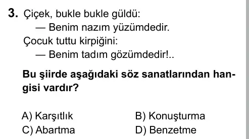 6. Sınıf Türkçe 2019 İOKBS Bursluluk Sınavı 3. Soru görseli