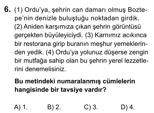6. Sınıf Türkçe 2019 İOKBS Bursluluk Sınavı 6. Soru görseli
