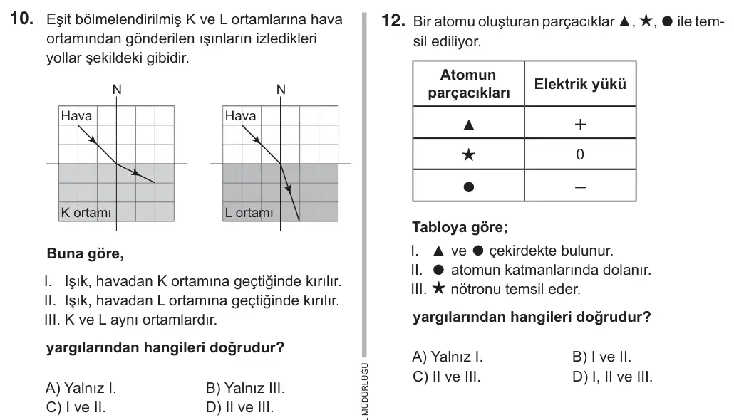 7. Sınıf Fen Bilimleri 2019 İOKBS Bursluluk Sınavı 10. Soru görseli