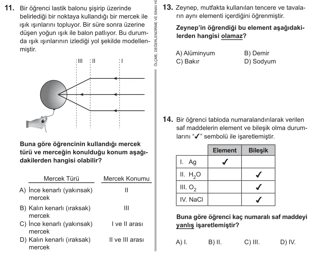 7. Sınıf Fen Bilimleri 2019 İOKBS Bursluluk Sınavı 11. Soru görseli