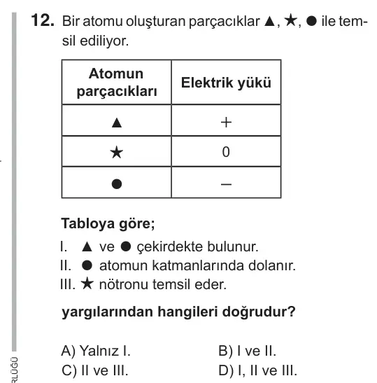 7. Sınıf Fen Bilimleri 2019 İOKBS Bursluluk Sınavı 12. Soru görseli