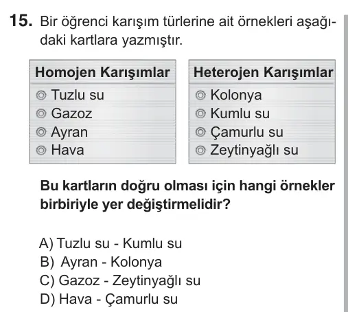 7. Sınıf Fen Bilimleri 2019 İOKBS Bursluluk Sınavı 15. Soru görseli