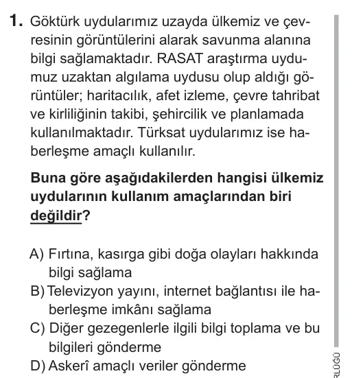 7. Sınıf Fen Bilimleri 2019 İOKBS Bursluluk Sınavı 1. Soru görseli
