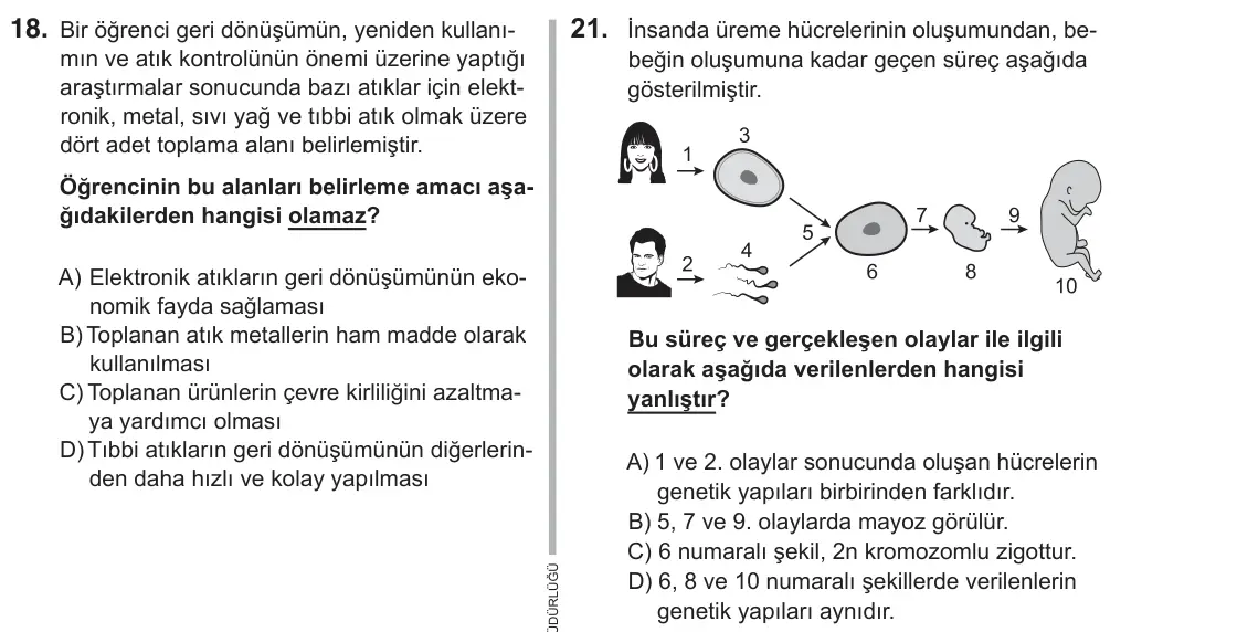 7. Sınıf Fen Bilimleri 2019 İOKBS Bursluluk Sınavı 21. Soru görseli