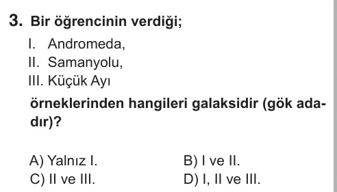 7. Sınıf Fen Bilimleri 2019 İOKBS Bursluluk Sınavı 3. Soru görseli