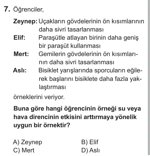 7. Sınıf Fen Bilimleri 2019 İOKBS Bursluluk Sınavı 7. Soru görseli