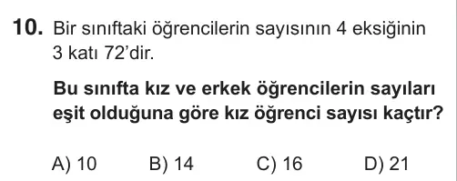 7. Sınıf Matematik 2019 İOKBS Bursluluk Sınavı 10. Soru görseli
