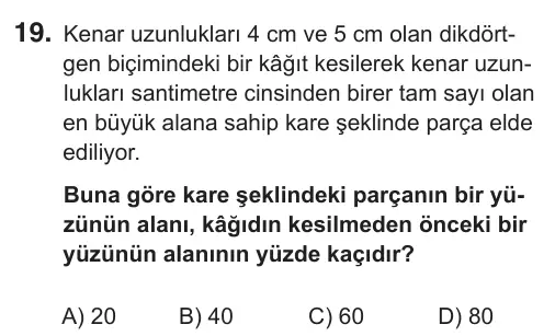7. Sınıf Matematik 2019 İOKBS Bursluluk Sınavı 19. Soru görseli