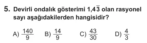 7. Sınıf Matematik 2019 İOKBS Bursluluk Sınavı 5. Soru görseli