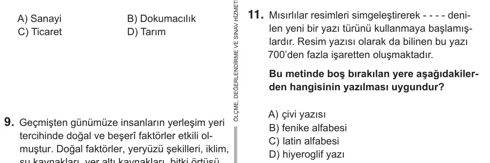 7. Sınıf Sosyal Bilgiler 2019 İOKBS Bursluluk Sınavı 11. Soru görseli