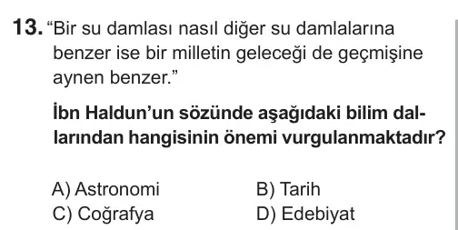 7. Sınıf Sosyal Bilgiler 2019 İOKBS Bursluluk Sınavı 13. Soru görseli