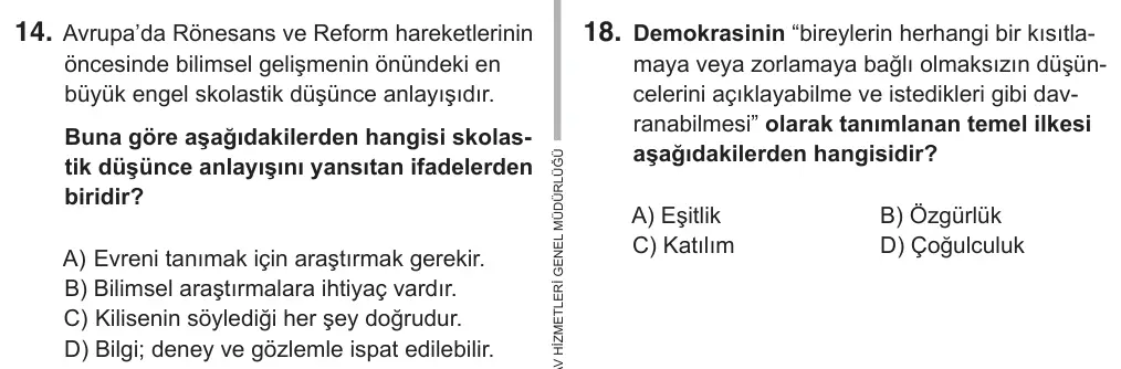 7. Sınıf Sosyal Bilgiler 2019 İOKBS Bursluluk Sınavı 14. Soru görseli