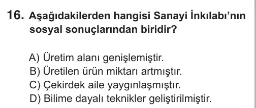 7. Sınıf Sosyal Bilgiler 2019 İOKBS Bursluluk Sınavı 16. Soru görseli