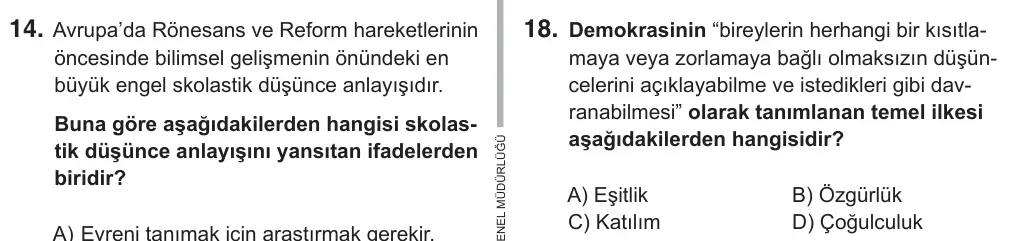 7. Sınıf Sosyal Bilgiler 2019 İOKBS Bursluluk Sınavı 18. Soru görseli