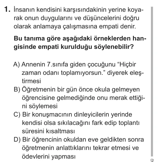 7. Sınıf Sosyal Bilgiler 2019 İOKBS Bursluluk Sınavı 1. Soru görseli