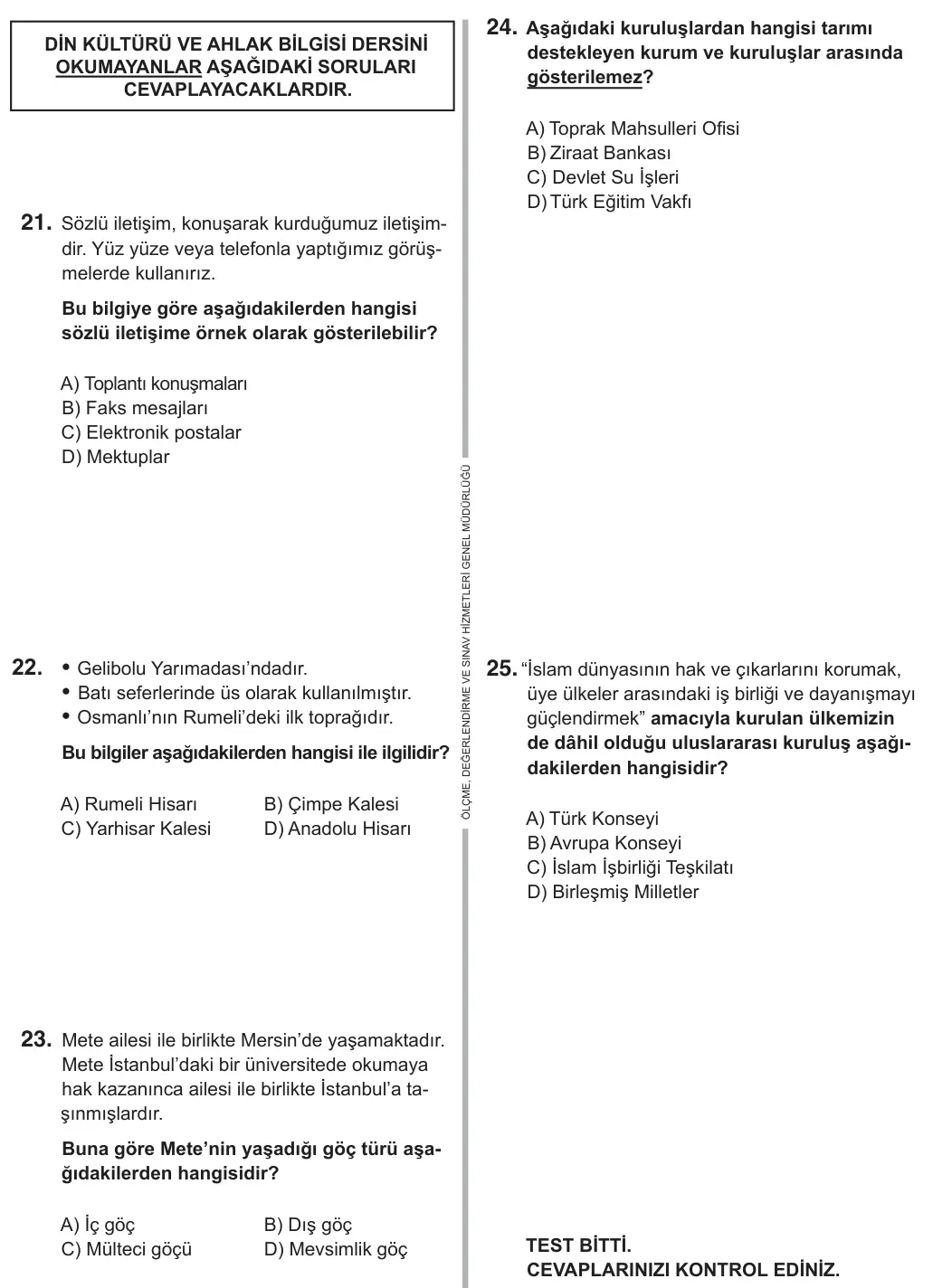 7. Sınıf Sosyal Bilgiler 2019 İOKBS Bursluluk Sınavı 25. Soru görseli (2/3)