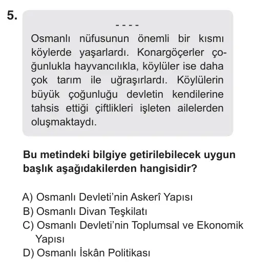 7. Sınıf Sosyal Bilgiler 2019 İOKBS Bursluluk Sınavı 5. Soru görseli