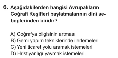 7. Sınıf Sosyal Bilgiler 2019 İOKBS Bursluluk Sınavı 6. Soru görseli