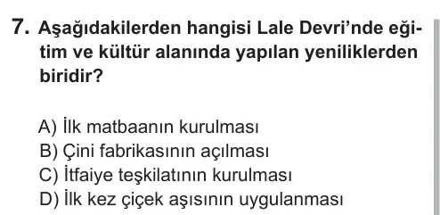 7. Sınıf Sosyal Bilgiler 2019 İOKBS Bursluluk Sınavı 7. Soru görseli