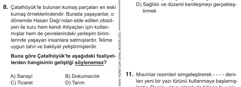 7. Sınıf Sosyal Bilgiler 2019 İOKBS Bursluluk Sınavı 8. Soru görseli
