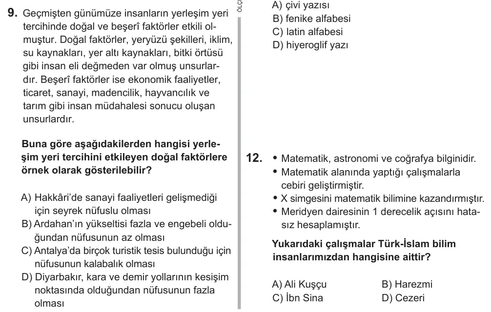 7. Sınıf Sosyal Bilgiler 2019 İOKBS Bursluluk Sınavı 9. Soru görseli