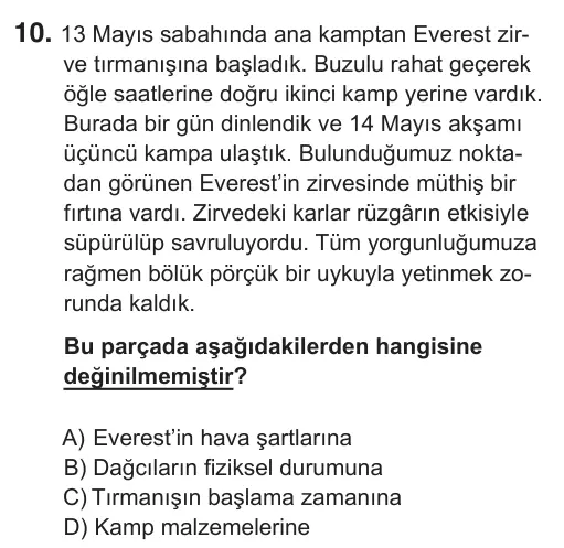 7. Sınıf Türkçe 2019 İOKBS Bursluluk Sınavı 10. Soru görseli