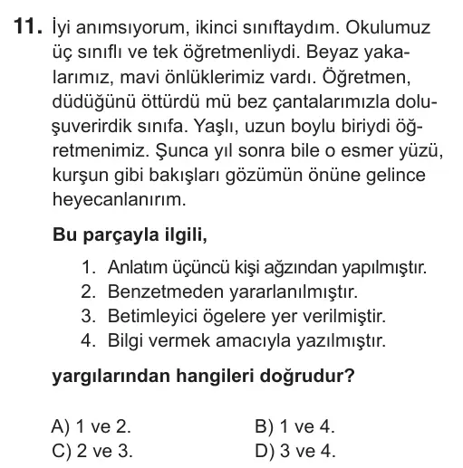 7. Sınıf Türkçe 2019 İOKBS Bursluluk Sınavı 11. Soru görseli