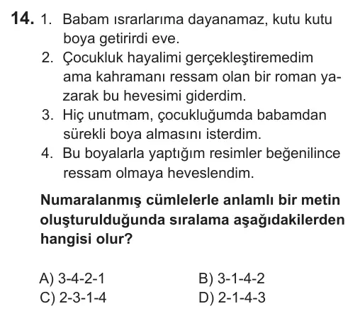 7. Sınıf Türkçe 2019 İOKBS Bursluluk Sınavı 14. Soru görseli