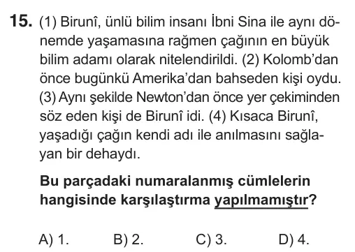 7. Sınıf Türkçe 2019 İOKBS Bursluluk Sınavı 15. Soru görseli