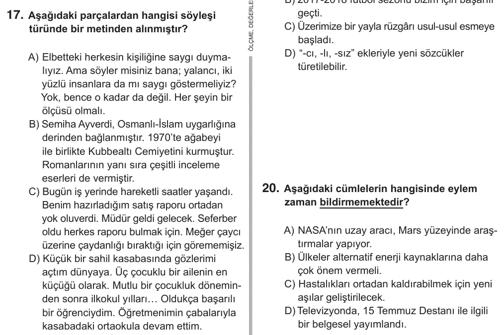 7. Sınıf Türkçe 2019 İOKBS Bursluluk Sınavı 17. Soru görseli