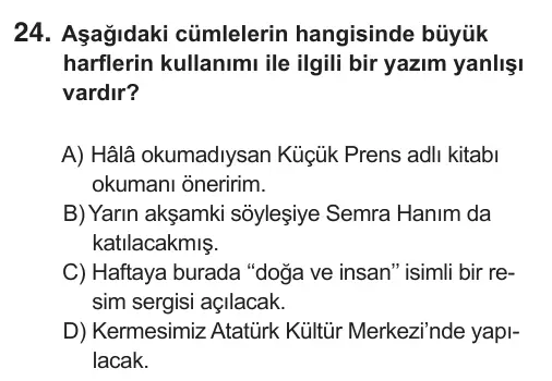 7. Sınıf Türkçe 2019 İOKBS Bursluluk Sınavı 24. Soru görseli