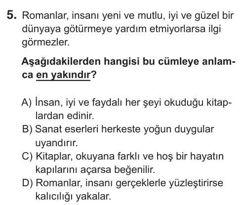 7. Sınıf Türkçe 2019 İOKBS Bursluluk Sınavı 5. Soru görseli